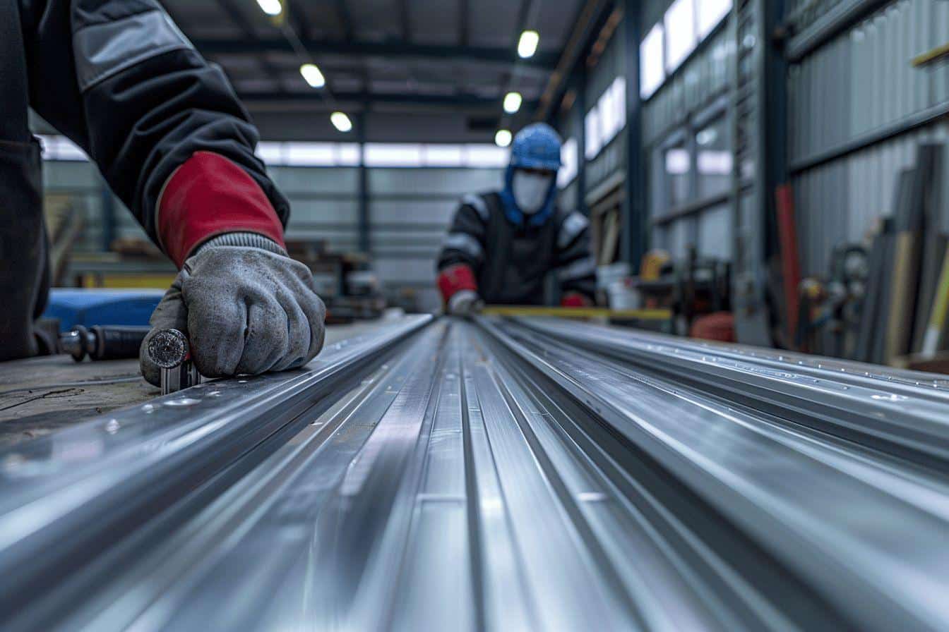 Workers measuring aluminum sliding door profiles