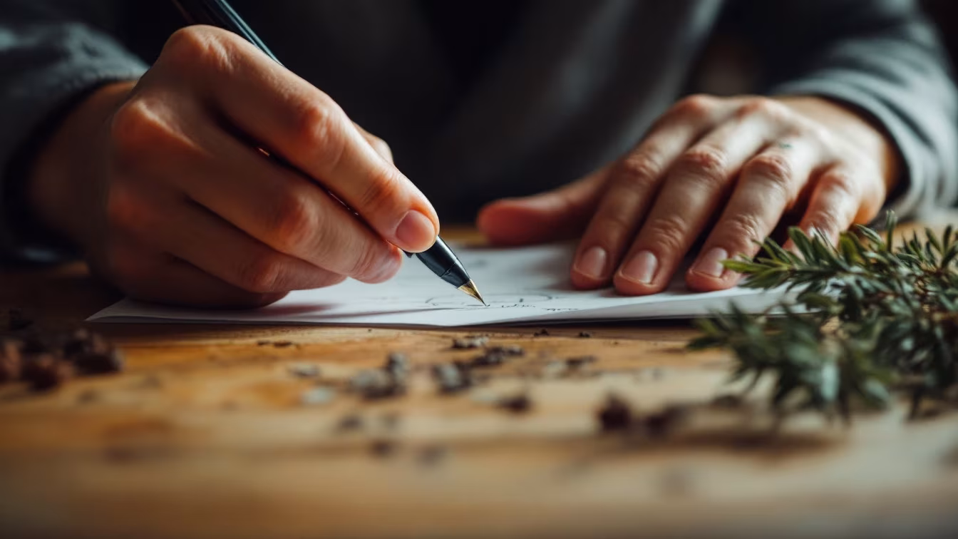 Mains d’une personne écrivant sur une feuille posée sur une table, à côté de branches coupées.