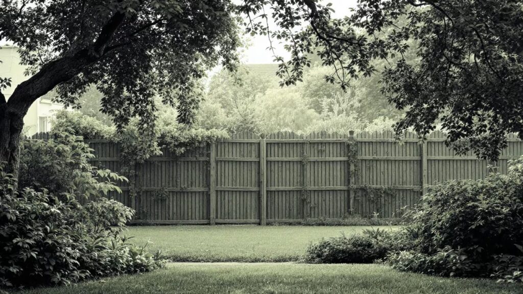 Jardin avec pelouse, clôture en bois et branches d’arbres au-dessus.