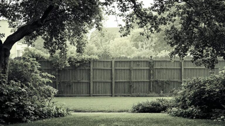 Jardin avec pelouse, clôture en bois et branches d’arbres au-dessus.