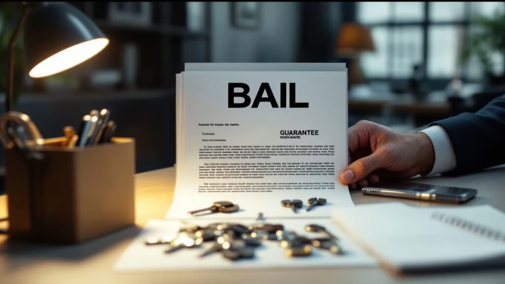 Un bureau simple montre un dossier de bail, des clés et des pièces rangées, évoquant le dépôt de garantie et ses règles.
