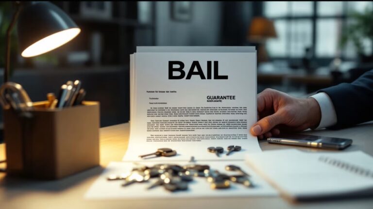 Un bureau simple montre un dossier de bail, des clés et des pièces rangées, évoquant le dépôt de garantie et ses règles.