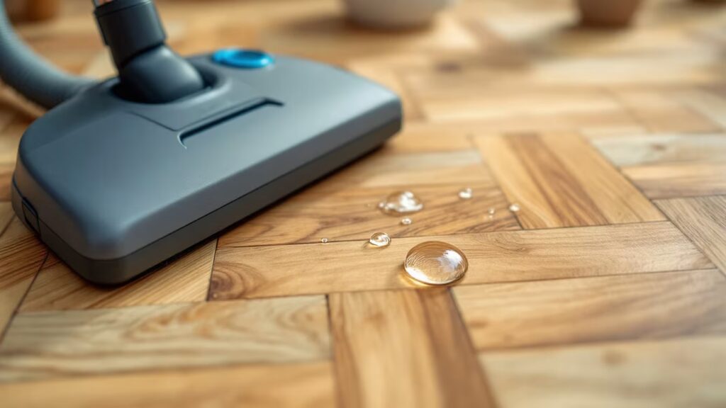 Un parquet en bois avec une aspirateur laveur, une serpillière essorée et une goutte d’eau près des lames.