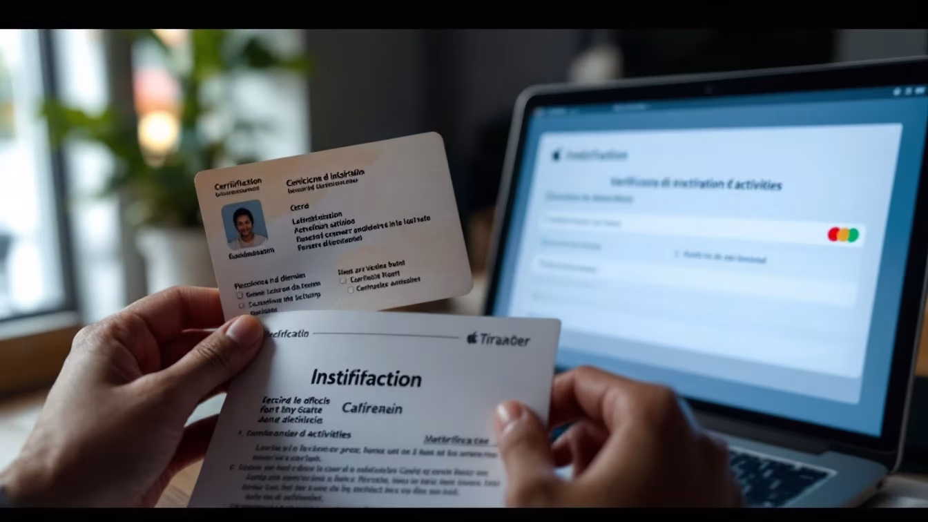 Une scène de vérification d’inscription avec pièce d’identité, formulaire ouvert, carte bancaire et sélection d’activités autorisées sur un écran.