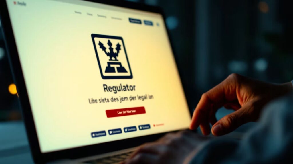 Une interface de site de jeu légal avec logo de régulateur, écran allumé et mains préparant un dépôt, dans une ambiance sobre.