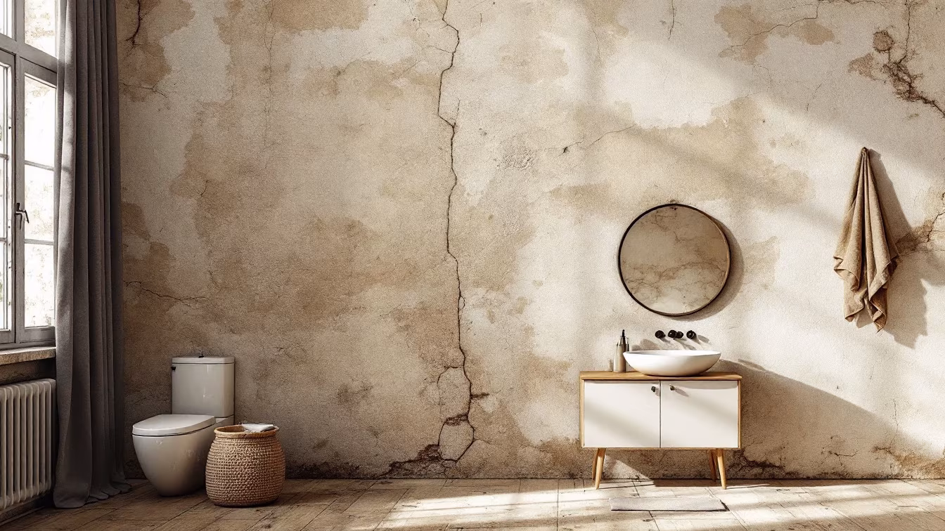 Mur ancien en pierre poreuse, fissures rebouchées, brosse large et seau de badigeon à côté d’une zone humidifiée.