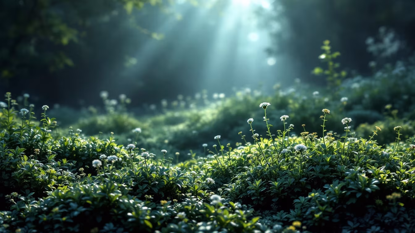 Massif en mi-ombre avec alchémille couvre-sol, géranium vivace, sedums et hostas paillés, dans une lumière douce.