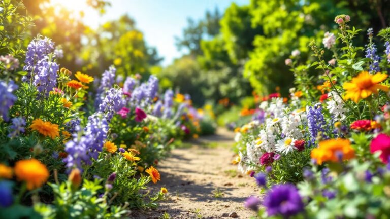Jardin sec estival avec lavande, cistes, romarin, graminées et sedums sur sol léger, sous un soleil franc.
