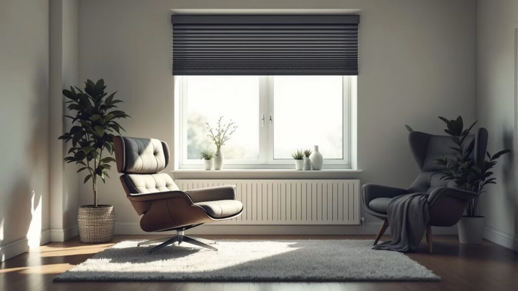 Salon apaisant avec fauteuil confortable près d’une fenêtre, paravent en rotin, lampe douce et panier discret, ambiance de sieste et