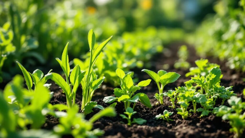 Un potager bordé d’une bande d’herbe haute le long d’une haie, avec des jeunes salades au premier plan.