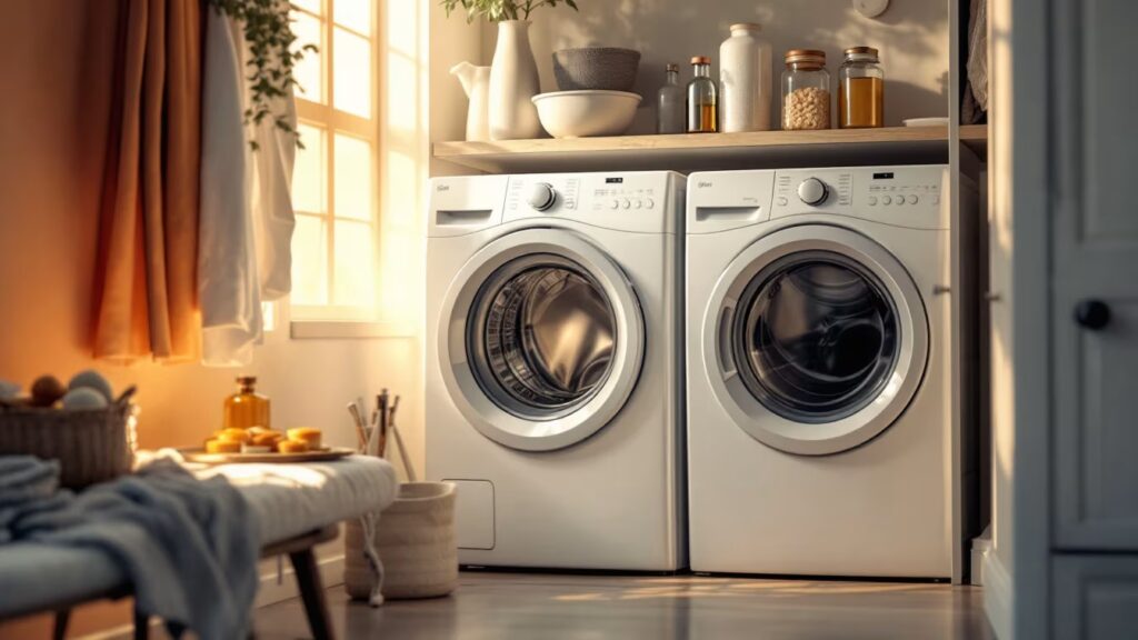 Un lave-linge ouvert montre son tiroir à trois cases, avec flacons et pastilles posés à côté sur une buanderie propre.