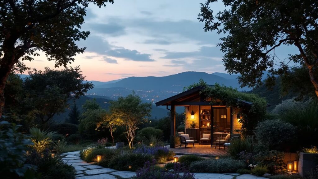 Jardin au crépuscule avec quelques points lumineux bas, une terrasse douce et des zones d’ombre.