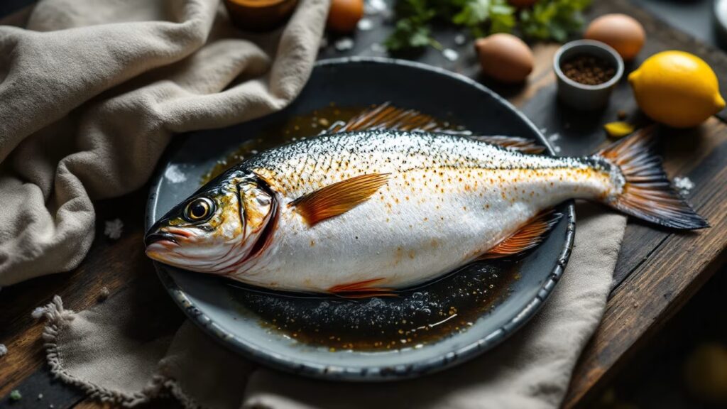 Un noyau de pêche entier repose sur une table, à côté d’une coque fendue, d’un sachet froid et d’un petit pot de terreau.
