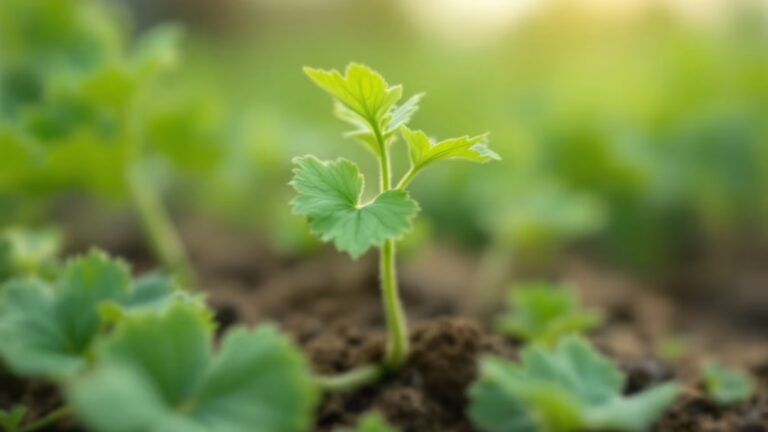 Jeune plant aux feuilles vertes poussant dans la terre d’un potager.