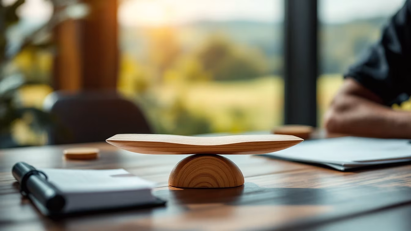 Balance sur une table, dossier de vente clos, juge en retrait et terrain agricole avec repères de valeur.