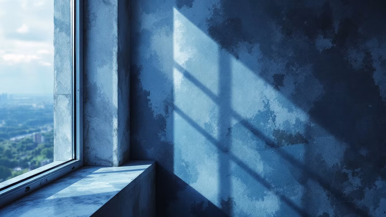 Un échantillon de bleu gris est appliqué près d’une fenêtre et d’une plinthe, avec un rendu sobre et des attentes mesurées.