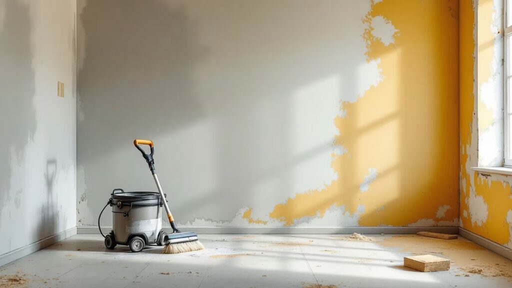 Un pulvérisateur de peinture posé près d’un mur protégé et d’un plafond en cours de rénovation, avec ruban de masquage et bâche au sol.