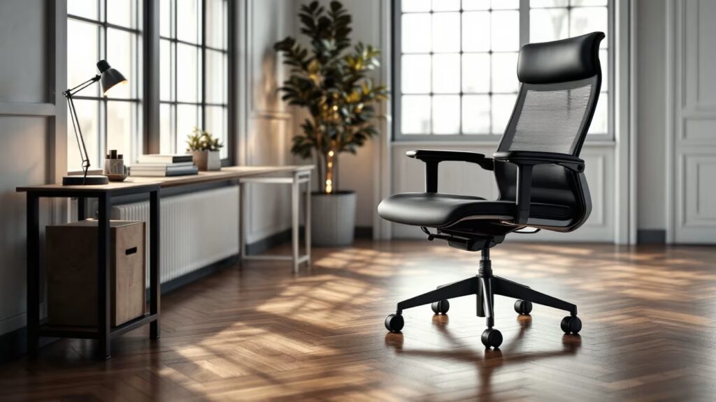 Chaise de bureau sur parquet verni, roues visibles, zone de roulement propre et protection adaptée sous le siège.