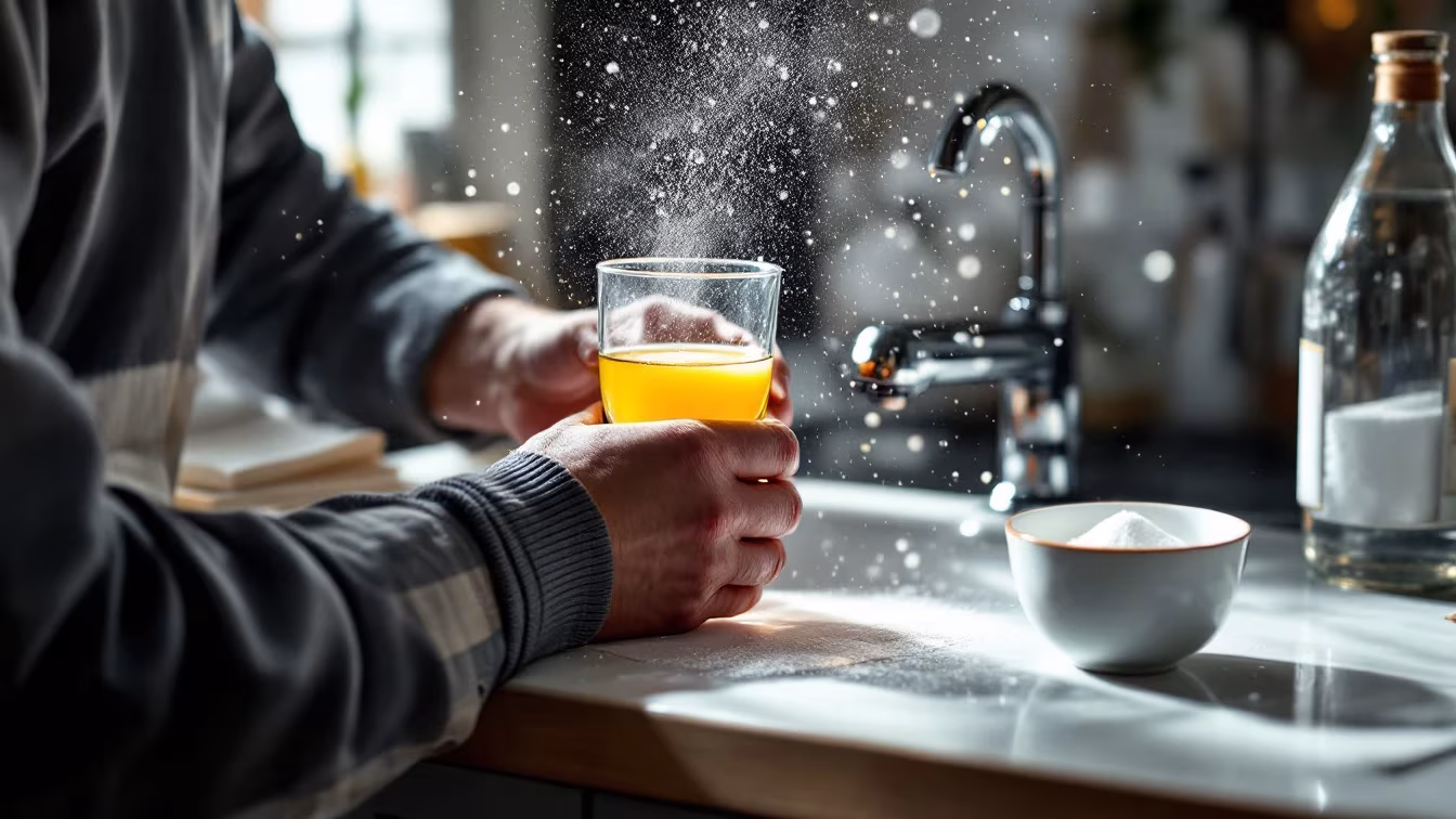 Machine à laver ouverte avec serviettes, un verre de vinaigre dans le bac à adoucissant et un bol de poudre posé sur le couvercle.