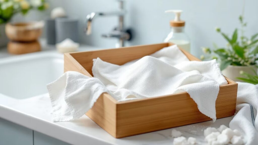 Serviettes éponge rêches sur un panier de salle de bain, avec flacon de vinaigre blanc, petit bol de bicarbonate et cristaux de soude à côté.