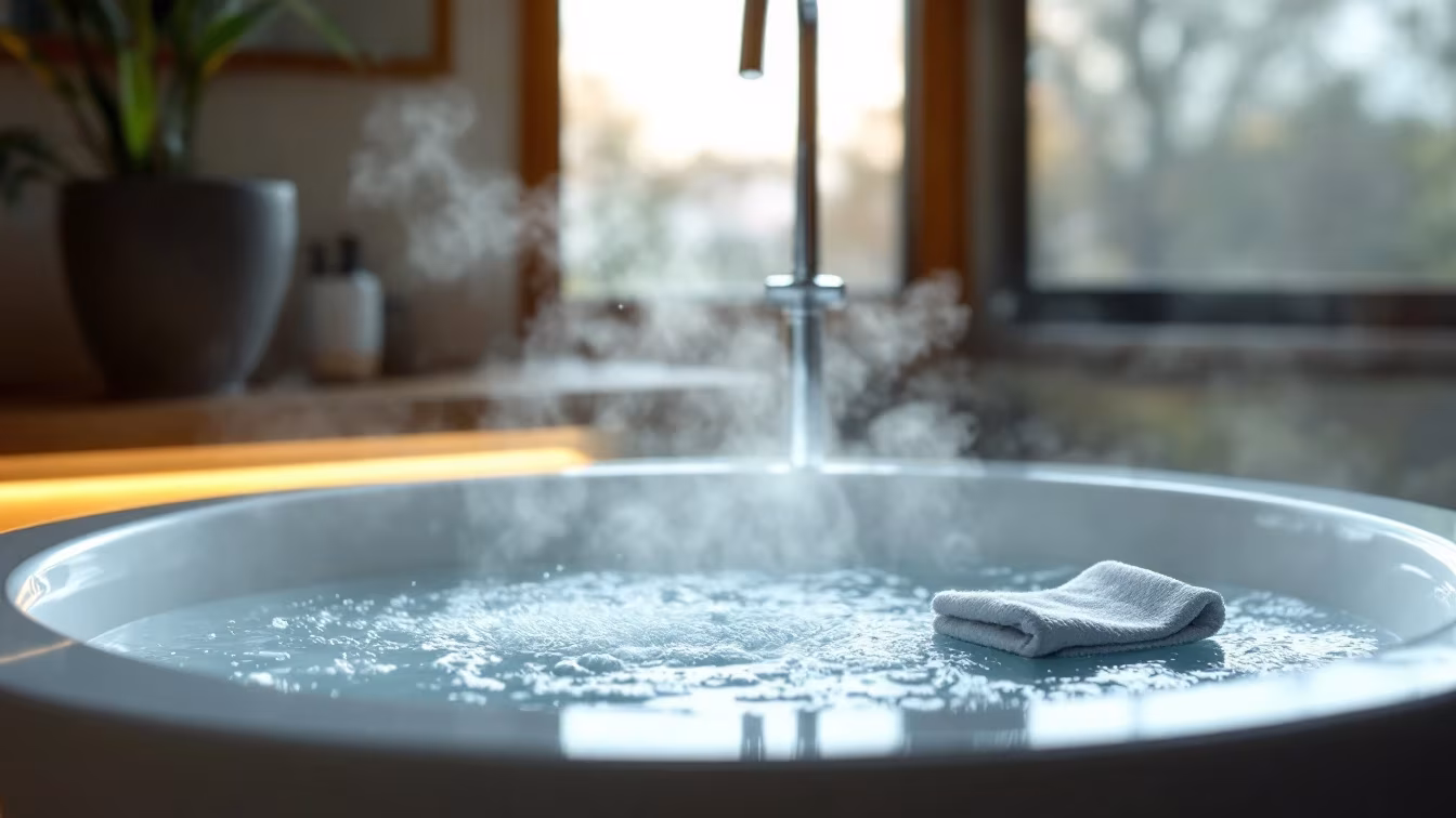 Salle de bain chaude avec baignoire, vapeur douce, serviette pliée et lumière tamisée, rituel détente du soir Zéro texte, lettre, chiffre