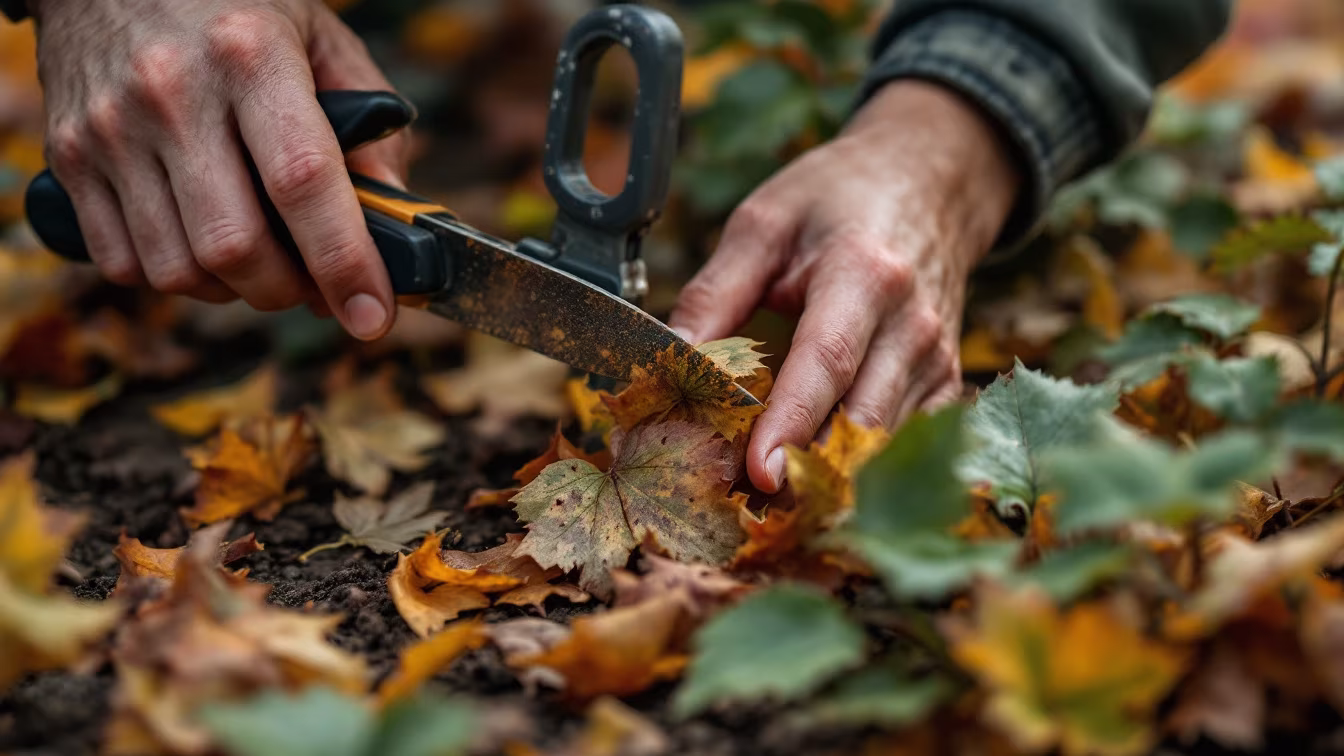Main gantée retirant des feuilles malades d’un rosier, outils propres, arrosage au pied et paillage visible.