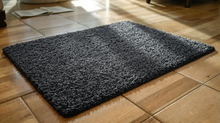 Un tapis posé sur un carrelage chauffant, avec un sous-tapis visible à côté et des notices ouvertes près du sol.