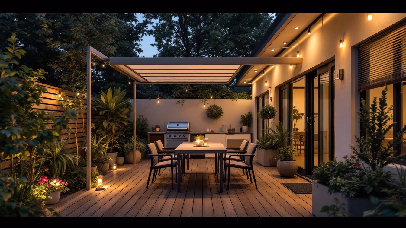 Terrasse privative d’usage avec pergola légère, barbecue mobile et accès technique libre, tandis qu’un ouvrier contrôle l’étanchéité près de la dalle.