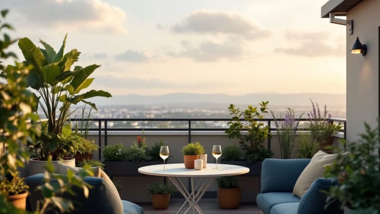 Terrasse en copropriété vue en hauteur, avec plantes en pot, table légère et structure commune intacte, sans modification visible.