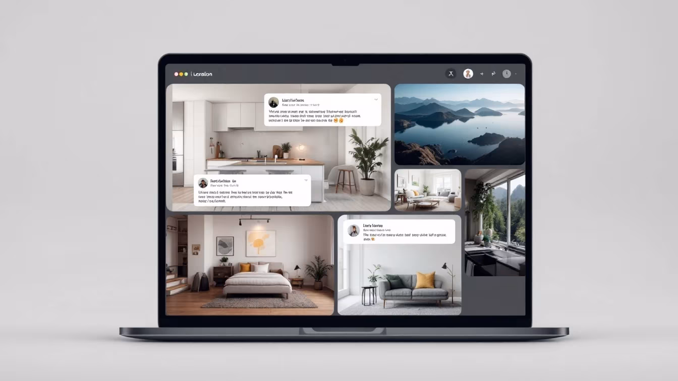 Une interface de location réunit photos, filtres, pièces justificatives et messagerie autour d’un même logement, avec des notifications visibles.