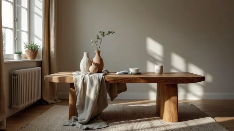 Un intérieur calme avec table en bois massif, céramique mate et tissu en lin, où des surfaces nuancées restent saines et habitées.